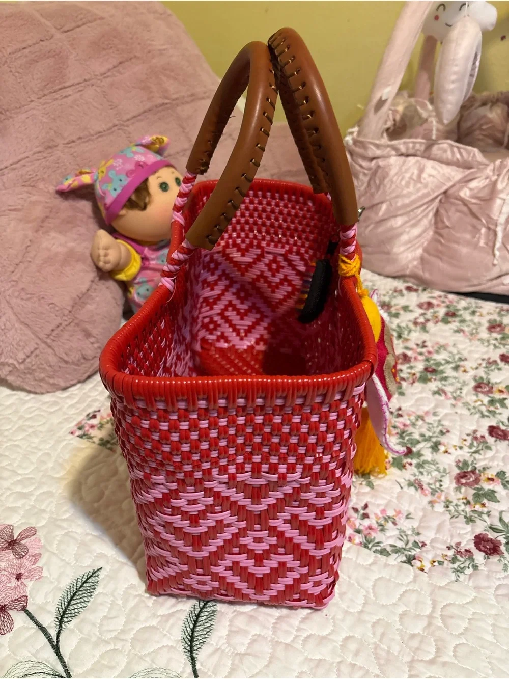 Woven Red and Pink Tote Bag with Heart Tassel